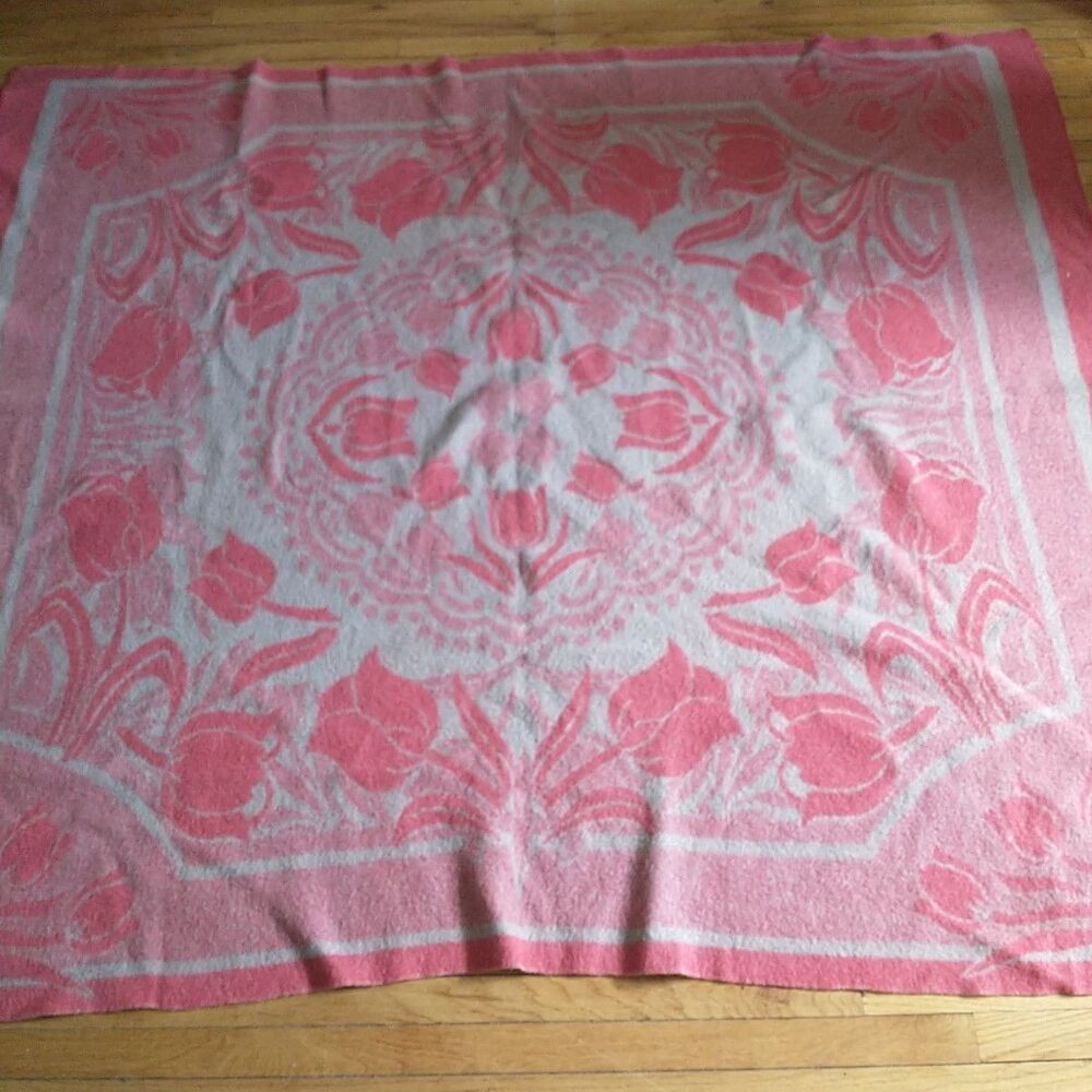 Vtg ORR HEALTH All Wool Blanket Holland Tulip Pink Reversible USA 69x79 *READ